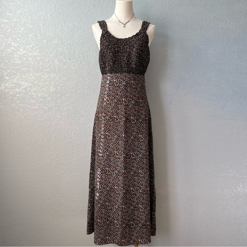 Vintage Y2K Up Front brown floral maxi dress stretchy bodice boho cottagecore